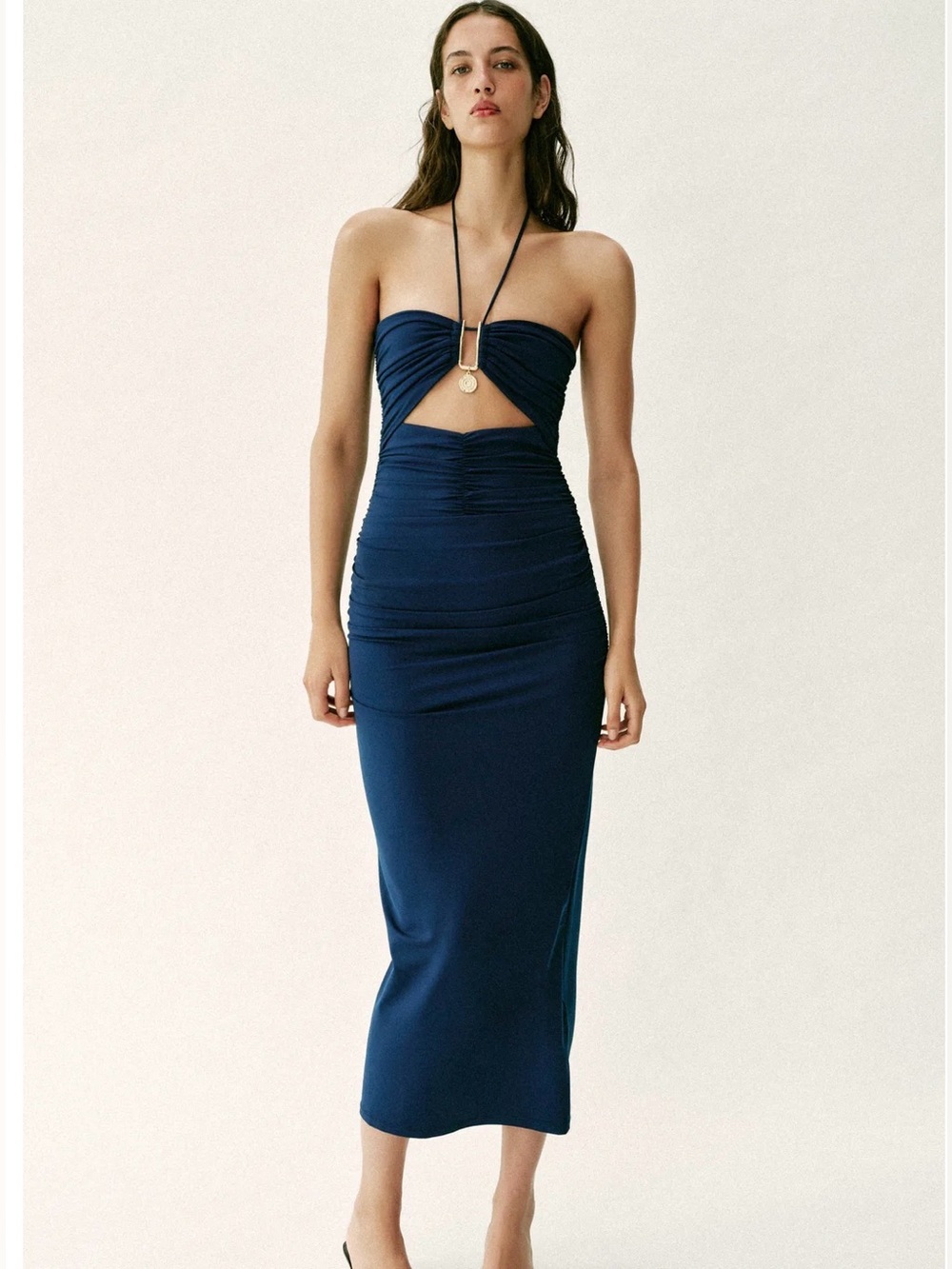NWT Zara Navy Strapless Ruched Cutout Midi Dress